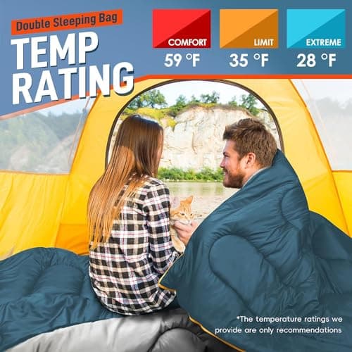 Double Sleeping Bag for Adults Mens with Pillow, XL Queen Size Two Person Sleeping Bag for All Season Camping Hiking Backpacking 2 Person Sleeping Bags for Cold Weather & Warm (Navy Blue & Turmeric) — view 3