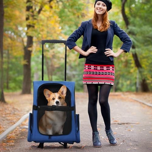 joukares 3-in-1 Portable Pet Carrier, Cat Backpack with Ventilation, Pet Stroller with Wheels & Telescopic Handle, Pet Carrier on Wheels, Carriers & Travel Products for Dogs & Cats Royal Blue — view 3