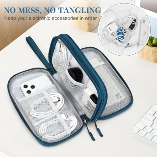 FYY Travel Cable Organiser, Electronics Accessories Bag, Waterproof Tech Storage Pouch, 2-Layer Universal Carry Case for Charger, Power Bank, USB Drive M-Dark Green — view 5
