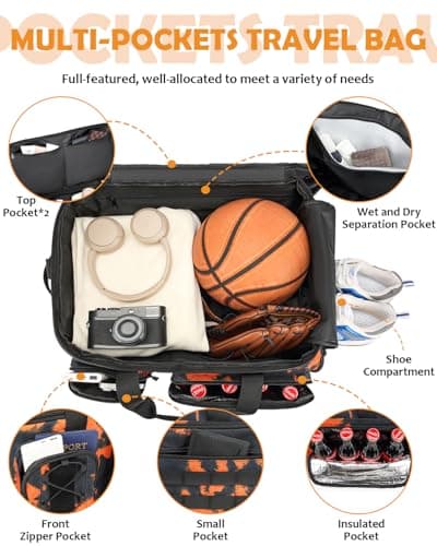 50L Gym Bags for Men, 3 in 1 Travel Duffle Bag with Shoe Compartment, Tactical Military Backpack for Overnight Weekender Gym Traveling Workout Deployment, Orange Graffiti, 50L, 3 in 1 Tactical Duffle — view 4