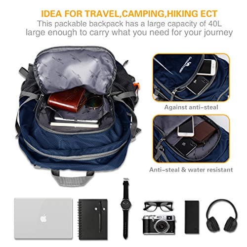Loocower 45L Lightweight Foldable Backpack Walking Rucksack Hiking Daypack Packable Camping Travel Outdoor Sport Knapsack for Men Women - Blue — view 5