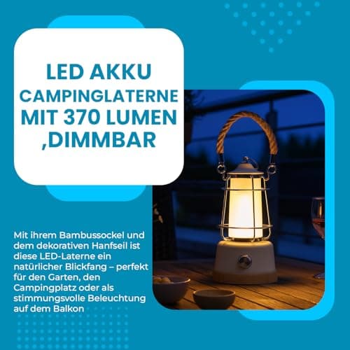 LED Battery Camping Lamp Lantern 370lm Dimmable - USB Rechargeable, Colour Temperature 2200-6500K, Up to 75h Light Time, IP44 Outdoor Lantern with Power Bank, Bamboo & Hemp Rope — view 2