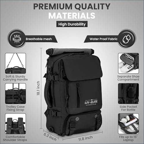 LIV-ELITE LIFESTYLE Backpack – Waterproof Laptop & Cabin Travel Bag with USB Port, Large Capacity, Smart Organisation & Shoe Compartment – Crossbody/One‑Shoulder/Portable Cabin Bag Mode – BLACK — view 3