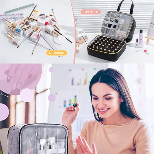 BYLife Black Large Makeup Bag, Nail Polish Organiser - Holds 30 Bottles Double-Layer Travel Storage Bags Waterproof PU Cosmetic Bag with Adjustable Dividers for Manicure Tools Storage — view 2