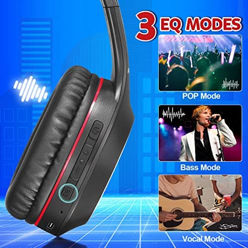 Rydohi Bluetooth Headphones Over Ear, 68H Playtime and 3 EQ Music Modes Wireless Headphones with Microphone/Deep Bass, HiFi Stereo Foldable Lightweight Headset for PC Home Travel Office(BLACK-RED) — view 3