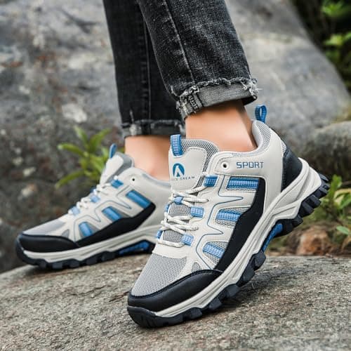 ASOCO DREAM Hiking Shoes Mens Womens Walking Boots Lightweight Breathable Trekking Climbing Trainers Outdoor Backpacking Camping Sneaker,Beige Blue,4 UK — view 2