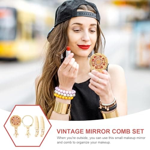 Zerodeko Vintage Mirror Comb Set Antique Handheld Mirror Metal Lightweight Portable Grooming Kit for Wedding Birthday Party Travel — view 3