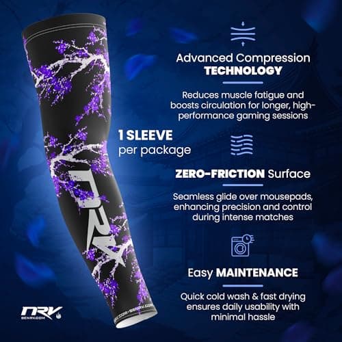 NRV Dark Sakura Gaming Esports Cuff - Comfort Compression & Control - Anti-Friction - Stylish Japanese Design - Black & Purple - Sizes S to 3XL, purple, XL — view 2