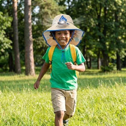 Kids Cool Fan Sun Hats,Cute Solar & USB Charging Fan Sun Caps,Wide Sun Protection Bucket Hat with Detachable Neck Flap, Adjustable Summer Cooling Hat for Boys Girls Outdoor Beach (Blue) — view 5