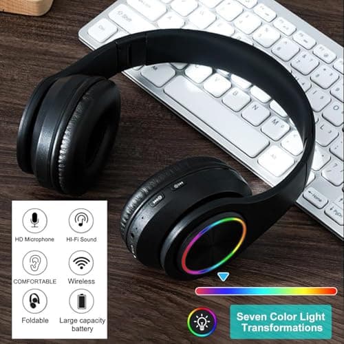Himank Bluetooth Headphones Over Ear, Noise Reduction Wireless Headphones with Microphone/Deep Bass, HiFi Stereo Foldable Lightweight LED Headset for PC Home Travel Office (Black) — view 3