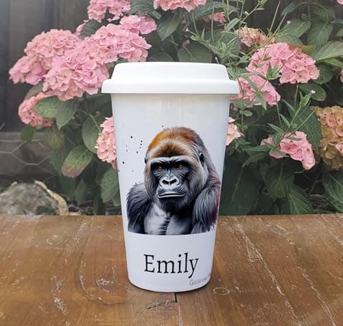 Personalised Gorilla Travel Mug, Gift for Safari Lover, Thank you present for Zoo Animal Lover, Hot Drinks Flask, Insulated Coffee Cup — view 3