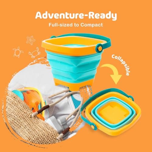 Hobee 6 Piece Foldable Beach Bucket Set for Kids - Ultimate Seaside Fun with Collapsible Bucket, Spade, Rake, and 3 Sand Moulds — view 4