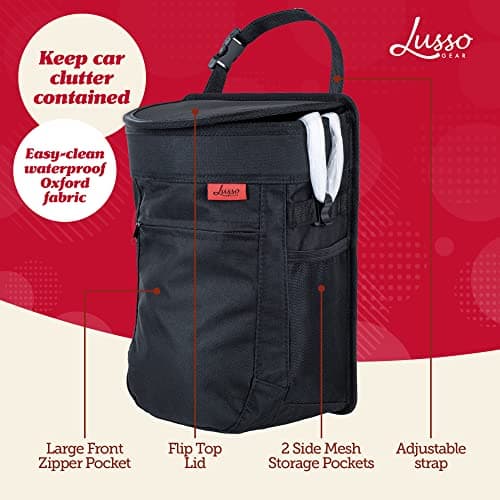 Lusso Gear Spill-Proof Car Bin, Car Trash Can for Rubbish - Removable Liner & Storage Pockets - Keep Car, Auto, Motor Tidy, Organised & Odor Free - Large 9L Capacity Garbage Bin (Black) — view 3