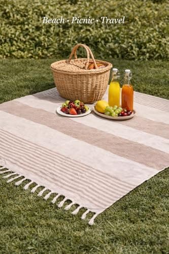 WEFLORIA Turkish Peshtemal Towel – Lightweight Quick Dry Beach & Spa Towel, Oversized Cotton Hammam Towel with Tassels – Travel, Pool, Bath, Sauna – Blue/Beige/Orange (beige) — view 6