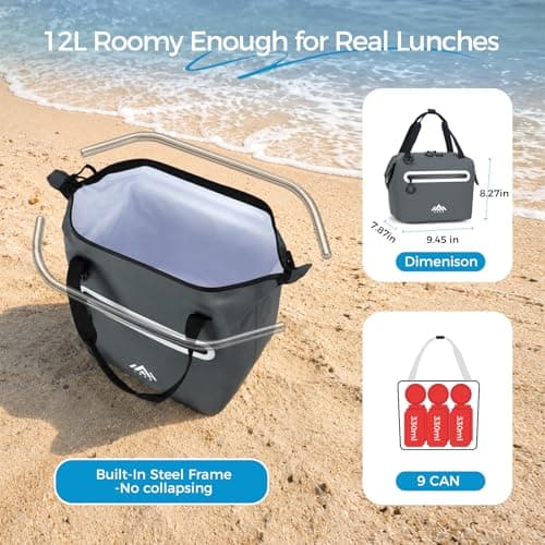 Lekesky Cool Bag 12L Waterproof Leakproof Insulated Cooler Bag, Thermal Lunch Bag with Built-in Steel Frame, Portable Cooler Lunch Bag with Adjustable Shoulder Strap for Work, Picnic, Beach, Camping — view 3