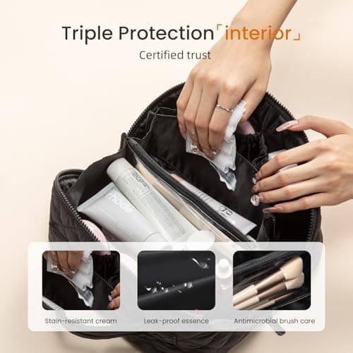 LOVEVOOK Travel Makeup Bag, Flat Lay Make Up Pouch Womens, Large 2Pcs Set Cosmetic Organiser with Compartments, Waterproof Puffer Toiletry Bag with Handle & Divider, Black — view 3