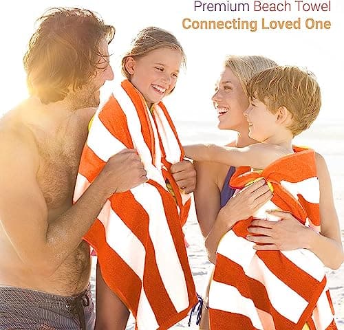 SweetNeedle - Beach Towels for Adults Pack of 2 - Orange Cabana Striped Classic - 100% Cotton Terry Ringspun Pool Towel, Quick Dry, Super Absorbent Swimming large towel, 76 x 152 cm — view 2