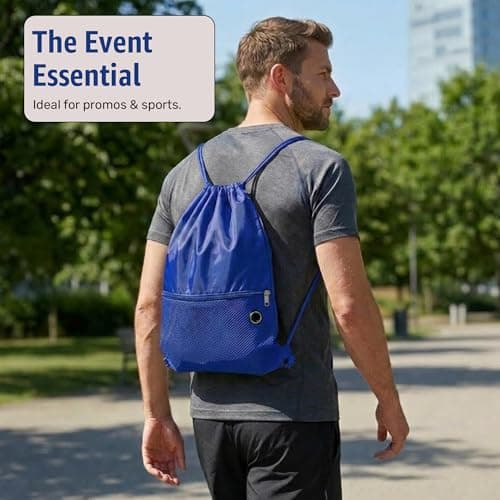 Bodygenix Unisex Drawstring Backpack for Sports – Lightweight Polyester Bag with Front Zip Pocket & Headphone Port – Waterproof Cinch String Bag for Sports, School, Swim, Travel & Beach Use - Blue — view 4