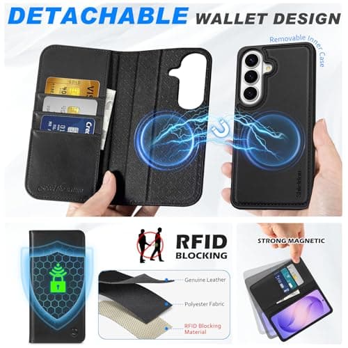SHIELDON Genuine Leather Detachable Wallet Case for Galaxy S26, Black — view 3