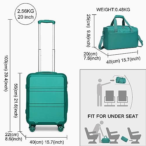Kono Luggage Sets of 2 Piece Lightweight 52x38x21cm ABS+PC Hard Shell Travel Carry on Suitcase with TSA Combination Lock + Ryanair 40x20x25cm Cabin Bag (Turquoise, 20 Inch Luggage Set) — view 2