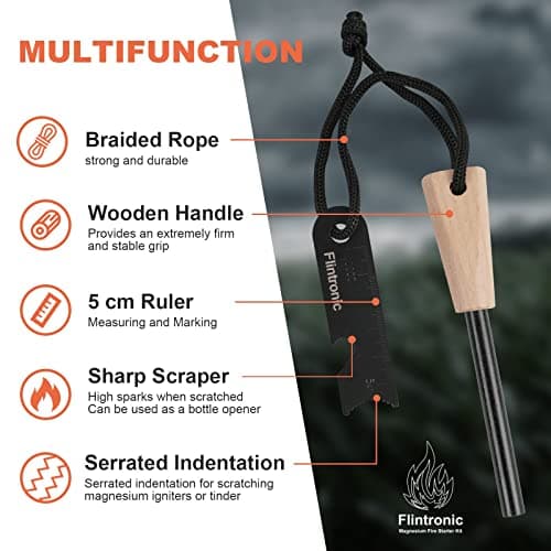 flintronic Survival Fire Steel, Flint Striker Steel Fire Starter Kit, Magnesium Ferrocium Rod Firesteel with Scale Scraper & Whistle, Outdoor Emergency Survival Tool for Travelling Camping Hiking — view 3