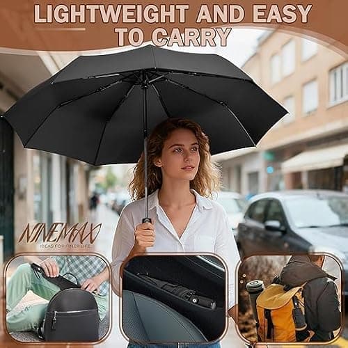 Umbrella Windproof Strong Compact,Light portable and automatic folding rain Umbrella, Extra Large Automatic Open & Close Rainproof with UV Protection, Durable Premium Grip, Fits Car. (Blk) — view 5