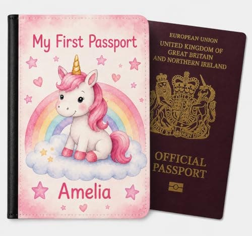 Speaking of Gifts Personalised Kids First Passport Holder – Unicorn & Rainbow Custom Name Passport Cover | Gift for Daughter, Niece, Granddaughter | First Holiday, Birthday — view 2