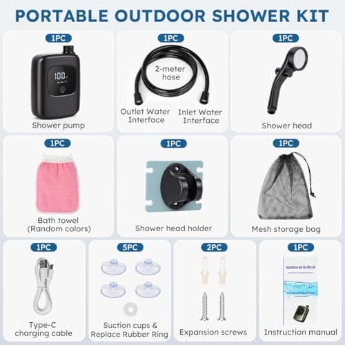AUAUY Portable Shower for Camping, 3600mAh USB-C Rechargeable Battery Pump — view 3