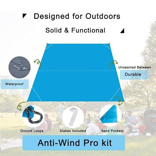 Legnowit Outdoor Pocket Blanket, 140 x 200 cm Waterproof Packable Compact Lightweight Picnic Blanket, Sand Free Beach Mat, Outdoor Tarp for Concert Festival Camping Hiking, Stakes Included (Blue) — view 3