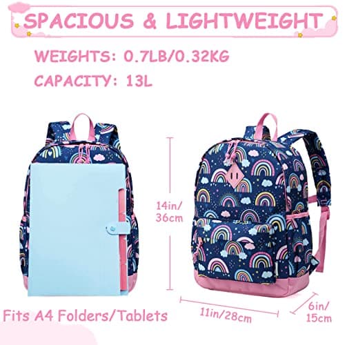 VASCHY Kids Backpack for Girls,Cute Animal Pattern School Bag Daily Children's Rucksack Backpack for School Kindergarten Nursery with Chest Strap And Bottle Pockets(Blue Rainbow) — view 2
