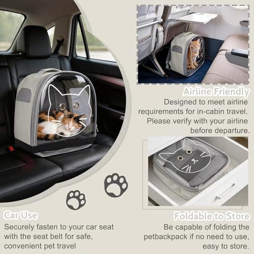 Small Cat Backpack Pet Carrier for Cats up to 10 lbs, Foldable Clear Window Cat Travel Bag with Breathable Mesh, Portable Puppy Transport Backpack for Hiking, Walking, Cycling, Vet Visits(White) — view 3