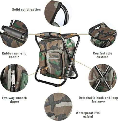 Kikerike Folding Stool Backpack Insulated Cooler Bag, Collapsible Camping Hunting Fishing Multifunction Chair with Front Pocket and Bottle Pocket for Outdoor Events, Hiking, Travel, Beach — view 5