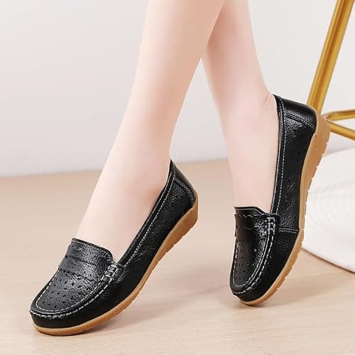 Women's Orthopedic Loafers in Breathable Leather, Genuine Leather Moccasins Shoes Soft Sole Casual Wide Fit Work Office Nursing Shoes (Black,39EU) — view 2