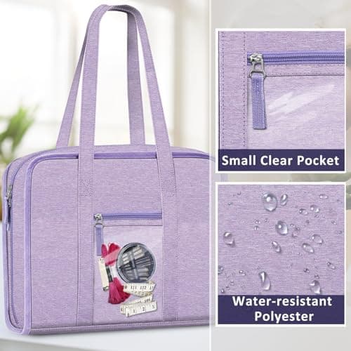 FINPAC Sewing and Craft Supplies Storage Tote, Large Capacity Travel Packing Organizer Bag with Clear Pockets and Handle for Knitting, Crochet, Art, Sewing Accessories(Lavender) — view 5