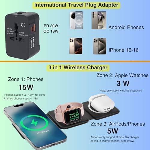 HH-Tech 3-in-1 Foldable Magnetic Wireless Charger Station with a International Travel Plug Adapter & Case, For iPhone 16/15/14/13/12, Watch 10/9/Ultra/8/7/6/SE/5/4, AirPods 4/3/2/Pro (Black) — view 4