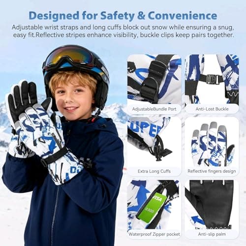 Ski Gloves Waterproof Winter Warm Gloves Cold Weather Touchscreen Snow Gloves for Mens, Womens, Kids Skiing,Snowboarding (Blue/White, S(Fit Kids 8-10 Years)) — view 4