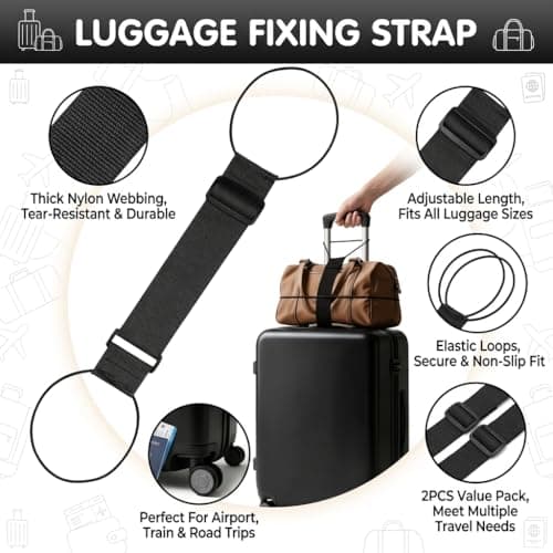 2 Pcs Luggage Straps for Suitcases,Adjustable Luggage Connector Elastic Straps,Add a Bag Suitcase Fastening Belt with Bungee,Black Nylon Strap Multi Accessories,for Bags Backpack Travel Case Attach Be — view 3