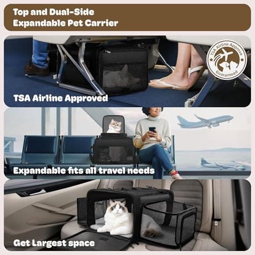 Top and 2 Sides Expandable Large Cat Carrier 18x13.5x9.5, TSA Airline Approved Dog Carriers for Large Dogs, Soft-Sided Pet Carrier with Self-Locking Zippers for Kitten,Rabbit, Puppy, Guinea Pig Black — view 2