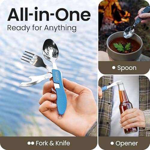 Orblue 4-in-1 Camping Utensils, 2-Pack, Portable Stainless Steel Spoon, Fork, Knife & Bottle Opener Combo Set - Travel, Backpacking Cutlery Multitool (Blue 1-Pack) — view 2