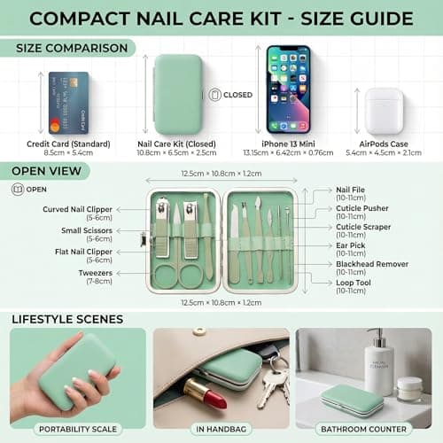Barpre Manicure Set Professional - 10 Piece Stainless Steel Nail Clippers Kit & Pedicure Tools, Grooming Kit for Men & Women, Sharp Nail Cutter with Luxury Green Travel Leather Case — view 2