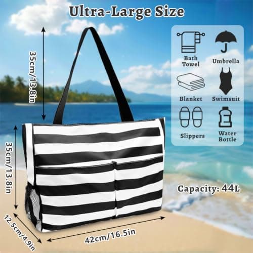 flintronic Extra Large Lightweight Beach Bag, Waterproof Beach Tote Bag with Zip, Foldable Shoulder Bag for Women, Reusable Shopping Bag, for Beach Travel Holiday Swimming Picnic — view 3