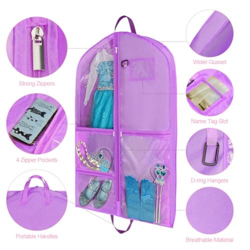 OSDUE Clothes Covers, 40 inch WaterproofHanging Garment Bags with 5 Zipper Pocket and ID Slot Pockets Foldable Kids Dance Costume Garment Bag Travel Storage Bag for Dancers Travel Competitions(Purple) — view 3