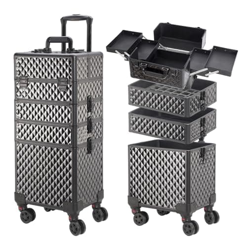 Portable Multi-Storey Nail Case for Nail Tech Organizer - Wheels Makeup Case Organizer, Cosmetic Case, Makeup Train Case, Make Up Case (Black-8036)