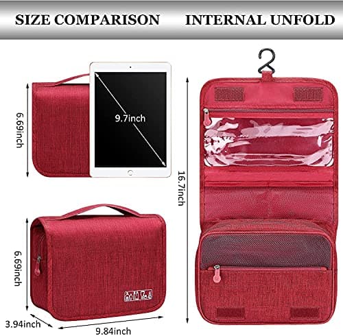 Acopton Portable Hanging Travel Toiletry Bag for Men and Womens Waterproof Bathrooom Shower Bag Multifunctional Cosmetic Makeup Organzier (Wine Red) — view 6