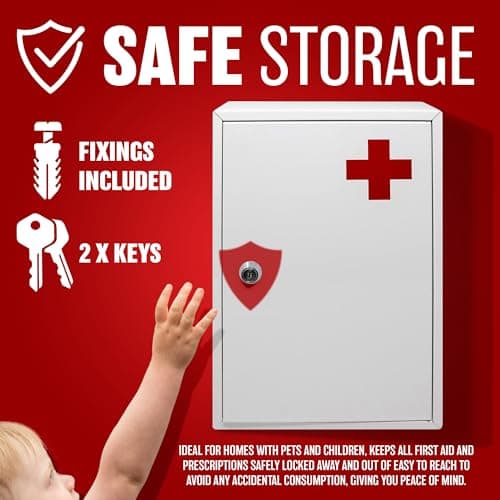 First Aid Medical Cabinet Safe Storage Box with Lock & Key - Use at Home, Bathroom, Office, School, Lab Medication Kit | Wall Mounted With Fixings Included | Lockable, Child Proof & Comes With 2 Keys — view 5