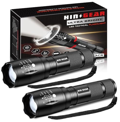HinsGEAR 1 Mode LED Torch 2000 Lumen Gift for Men Dad Kid, Bright Powerful Torches Water Resistant Flashlight for Camping Emergency, 2 Pack (Powered by 3xAAA or 1x18650 Battery, Not Included)