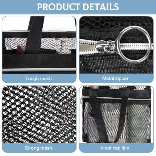 OSDUE Mesh Shower Caddy Bag, 2PCS Portable Toiletry Tote Hanging Wash Bag with Zipper, Quick Dry Shower Tote Bag for College Dorms, Gym, Swimming, Beach, Camping, Travel(Black) — view 3