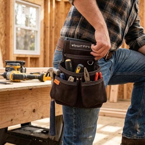 WrightFits Heavy Duty Leather Tool Pouch – 4 Pocket Tool Belt Organiser with Hammer Loop, Metal D-Ring & Nail Holder | Brown Suede Leather Work Pouch for Carpenters, Electricians & Builders — view 4