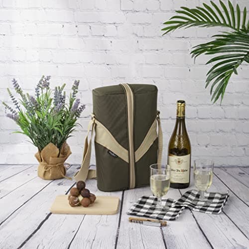 2 Person Insulated Deluxe Wine Cooler Bag with Accessories, Perfect for Picnic, Camping, and Beach (Khaki Green) — view 4