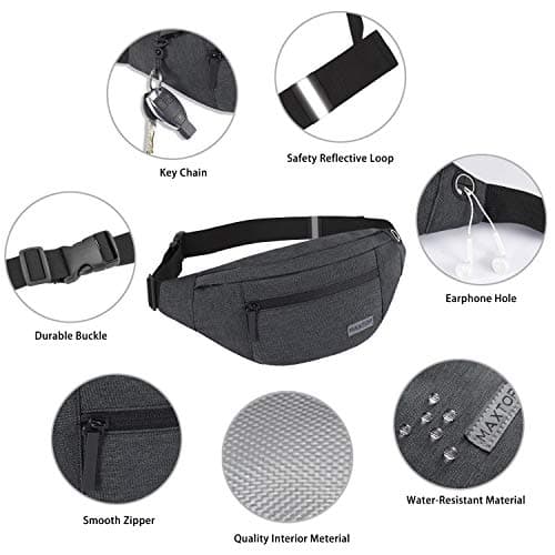 MAXTOP Large Bumbag Waist Fanny Pack Running Belt for Men Women Unisex Bum Bag with Headphone Jack and 4-Zipper Pockets Adjustable Belt for Travel Running Jogging Workout Hiking Gifts Dark Grey — view 4